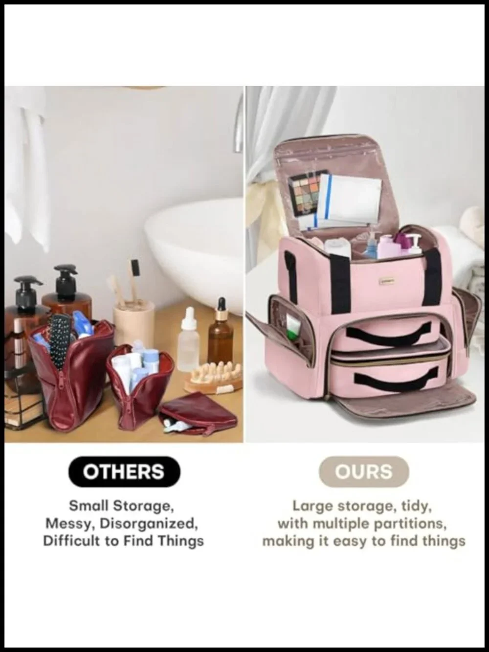 Large Makeup Cosmetic Bag with 2 Removable Cases, Double Layer Travel